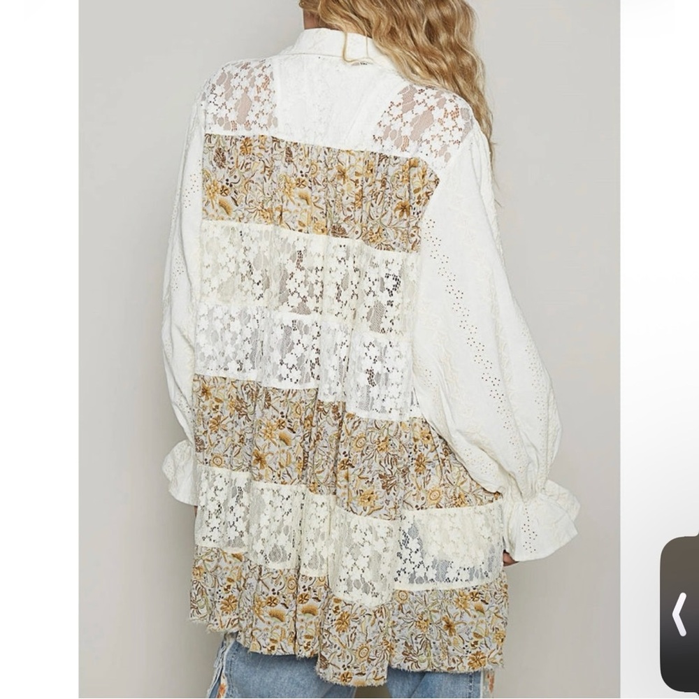 NEW - POL Off White Tiered Floral Patchwork Lace Button-Up Shirt/Shacket - Picture 3 of 3